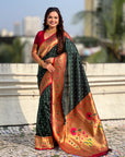 Bottle Green Zari Woven Bandhani Paithani Fusion Silk Saree