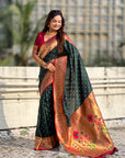 Bottle Green Zari Woven Bandhani Paithani Fusion Silk Saree