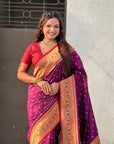Wine Zari Woven Bandhani Paithani Fusion Silk Saree