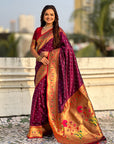 Wine Zari Woven Bandhani Paithani Fusion Silk Saree