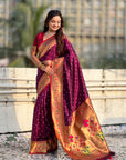 Wine Zari Woven Bandhani Paithani Fusion Silk Saree
