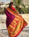 Wine Zari Woven Bandhani Paithani Fusion Silk Saree