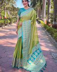 Green Pure Tissue Zari Woven Saree with Contrast Weaves