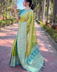 Green Pure Tissue Zari Woven Saree with Contrast Weaves