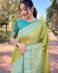 Green Pure Tissue Zari Woven Saree with Contrast Weaves