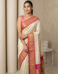 Cream Soft Silk Paithani Saree For Women Meenakari Zari Weaving Floral Motifs Traditional Wedding Saree With Brocade Blouse
