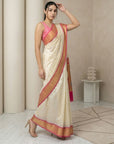 Cream Soft Silk Paithani Saree For Women Meenakari Zari Weaving Floral Motifs Traditional Wedding Saree With Brocade Blouse