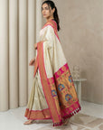 Cream Soft Silk Paithani Saree For Women Meenakari Zari Weaving Floral Motifs Traditional Wedding Saree With Brocade Blouse