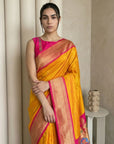 Orange Soft Silk Paithani Saree For Women Meenakari Zari Weaving Floral Motifs Traditional Wedding Saree With Brocade Blouse