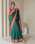 Pgreen Soft Silk Paithani Saree For Women Meenakari Zari Weaving Floral Motifs Traditional Wedding Saree With Brocade Blouse