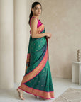 Pgreen Soft Silk Paithani Saree For Women Meenakari Zari Weaving Floral Motifs Traditional Wedding Saree With Brocade Blouse