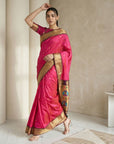Pink Soft Silk Paithani Saree For Women Meenakari Zari Weaving Floral Motifs Traditional Wedding Saree With Brocade Blouse