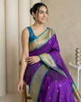Purple Soft Silk Paithani Saree For Women Meenakari Zari Weaving Floral Motifs Traditional Wedding Saree With Brocade Blouse