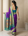 Purple Soft Silk Paithani Saree For Women Meenakari Zari Weaving Floral Motifs Traditional Wedding Saree With Brocade Blouse