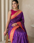 Violet Soft Silk Paithani Saree For Women Meenakari Zari Weaving Floral Motifs Traditional Wedding Saree With Brocade Blouse