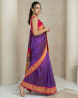 Violet Soft Silk Paithani Saree For Women Meenakari Zari Weaving Floral Motifs Traditional Wedding Saree With Brocade Blouse