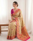 Cream Pure Soft Tissue Paithani Saree Designer Traditional Saree With Meenakari Pallu Peacock Border Zari Weaving Wedding Festive Saree