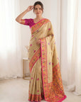 Cream Pure Soft Tissue Paithani Saree Designer Traditional Saree With Meenakari Pallu Peacock Border Zari Weaving Wedding Festive Saree