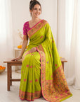 Mehendi Pure Soft Tissue Paithani Saree Designer Traditional Saree With Meenakari Pallu Peacock Border Zari Weaving Wedding Festive Saree