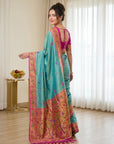 Teal Pure Soft Tissue Paithani Saree Designer Traditional Saree With Meenakari Pallu Peacock Border Zari Weaving Wedding Festive Saree