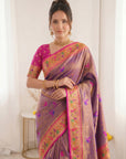 Violet Pure Soft Tissue Paithani Saree Designer Traditional Saree With Meenakari Pallu Peacock Border Zari Weaving Wedding Festive Saree