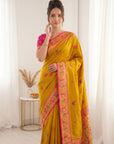 Yellow Pure Soft Tissue Paithani Saree Designer Traditional Saree With Meenakari Pallu Peacock Border Zari Weaving Wedding Festive Saree