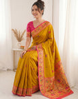 Yellow Pure Soft Tissue Paithani Saree Designer Traditional Saree With Meenakari Pallu Peacock Border Zari Weaving Wedding Festive Saree