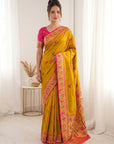 Yellow Pure Soft Tissue Paithani Saree Designer Traditional Saree With Meenakari Pallu Peacock Border Zari Weaving Wedding Festive Saree