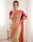 Cream Pure Soft Tissue Paithani Saree Designer Traditional Saree With Meenakari Pallu Peacock Border Zari Weaving Wedding Festive Saree