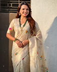 Organza Jamdani Saree with Zari Woven Pallu Festive Wear Saree with Brocade Blouse