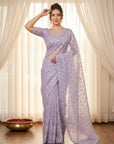 Lavender Pure Organza Silk Crush Saree Designer Party Wear Saree With Turkish Work Embroidered Cutwork Border Wedding Festive Saree