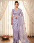 Lavender Pure Organza Silk Crush Saree Designer Party Wear Saree With Turkish Work Embroidered Cutwork Border Wedding Festive Saree