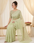 Pista Pure Organza Silk Crush Saree Designer Party Wear Saree With Turkish Work Embroidered Cutwork Border Wedding Festive Saree