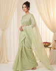Pista Pure Organza Silk Crush Saree Designer Party Wear Saree With Turkish Work Embroidered Cutwork Border Wedding Festive Saree