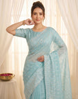 Sky Pure Organza Silk Crush Saree Designer Party Wear Saree With Turkish Work Embroidered Cutwork Border Wedding Festive Saree