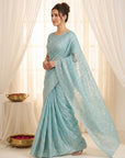 Sky Pure Organza Silk Crush Saree Designer Party Wear Saree With Turkish Work Embroidered Cutwork Border Wedding Festive Saree