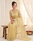 Yellow Pure Organza Silk Crush Saree Designer Party Wear Saree With Turkish Work Embroidered Cutwork Border Wedding Festive Saree