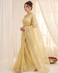 Yellow Pure Organza Silk Crush Saree Designer Party Wear Saree With Turkish Work Embroidered Cutwork Border Wedding Festive Saree