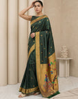 BGreen Paithani Silk Saree with Jhumka Zari Motifs, Meenakari Peacock Pallu and Triple Muniya Border