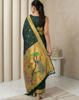 BGreen Paithani Silk Saree with Jhumka Zari Motifs, Meenakari Peacock Pallu and Triple Muniya Border