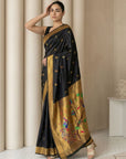 Black Paithani Silk Saree with Jhumka Zari Motifs, Meenakari Peacock Pallu and Triple Muniya Border