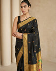 Black Paithani Silk Saree with Jhumka Zari Motifs, Meenakari Peacock Pallu and Triple Muniya Border