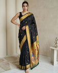 Black Paithani Silk Saree with Jhumka Zari Motifs, Meenakari Peacock Pallu and Triple Muniya Border