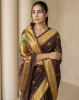 Coffee Paithani Silk Saree with Jhumka Zari Motifs, Meenakari Peacock Pallu and Triple Muniya Border