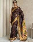 Coffee Paithani Silk Saree with Jhumka Zari Motifs, Meenakari Peacock Pallu and Triple Muniya Border