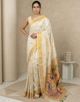 Cream Paithani Silk Saree with Jhumka Zari Motifs, Meenakari Peacock Pallu and Triple Muniya Border
