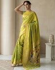 Mehendi Paithani Silk Saree with Jhumka Zari Motifs, Meenakari Peacock Pallu and Triple Muniya Border
