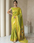 Mehendi Paithani Silk Saree with Jhumka Zari Motifs, Meenakari Peacock Pallu and Triple Muniya Border