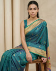 PGreen Paithani Silk Saree with Jhumka Zari Motifs, Meenakari Peacock Pallu and Triple Muniya Border