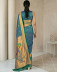 PGreen Paithani Silk Saree with Jhumka Zari Motifs, Meenakari Peacock Pallu and Triple Muniya Border